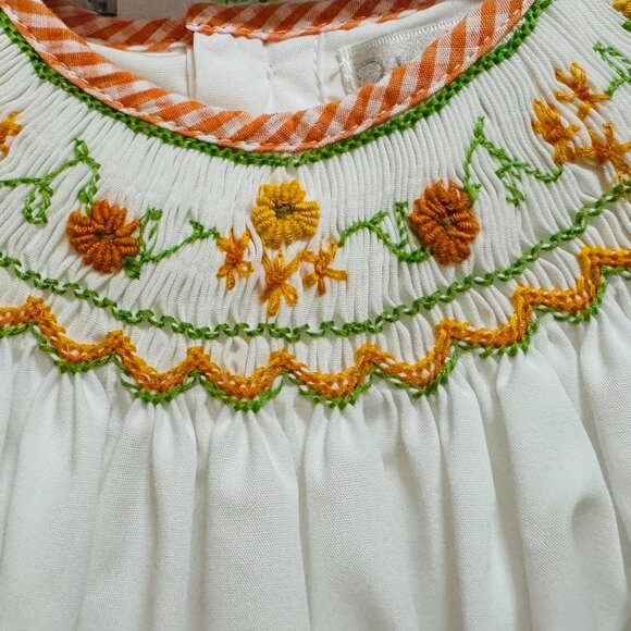 Petit Ami White Orange Harvest Smocked Bishop Dress Bloomer Set 9 Months - Picture 3 of 4